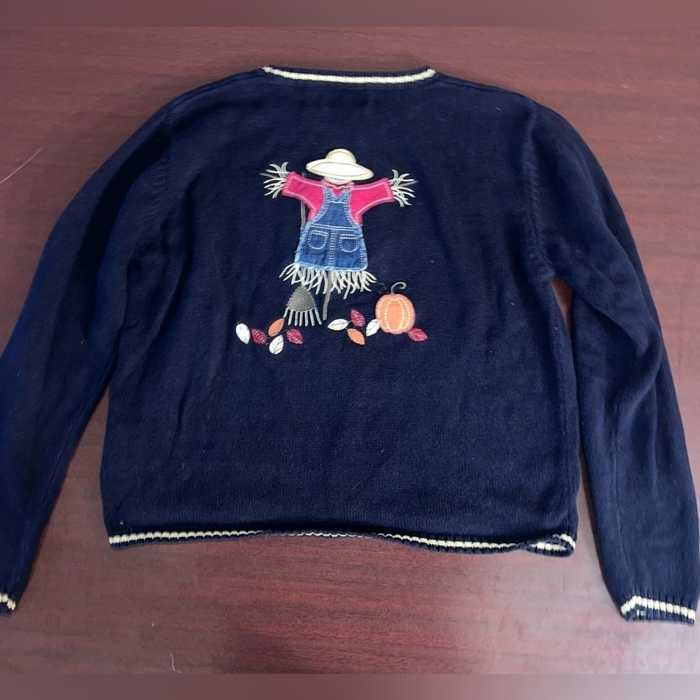 Christopher & Banks Hand Embroidered Blue Knit Scarecrow Sweater Women's Sz S - Picture 4 of 7